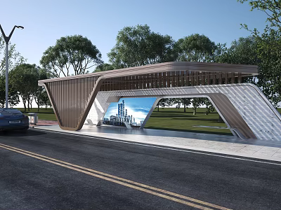 Modern Bus Shelter With Wooden Roof Structure Glass Panel Roadside Trees And Clear Sky 3d model
