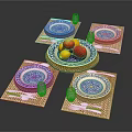 Elegant Dinnerware Set With Blue White Patterned Plates Woven Placemats Knives Forks And Fruits