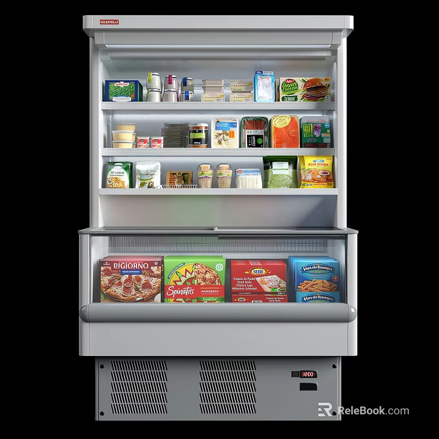 Commercial Refrigerator Freezer With Multiple Shelves Displaying Various Frozen And Refrigerated Food Items 3d model 