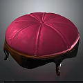 Round Bright Pink Velvet Footstool With Carved Wooden Legs And Classic Design