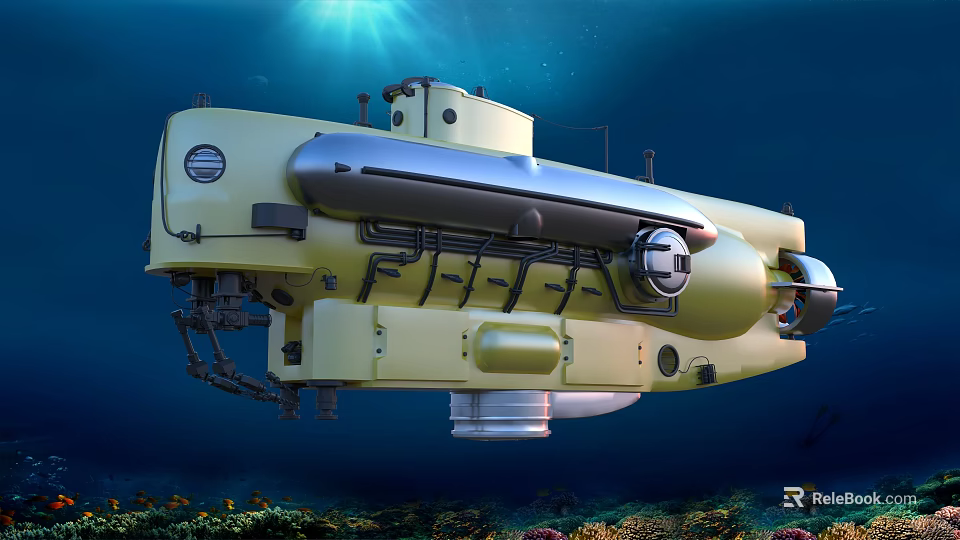 Yellow Submarine Underwater Exploration Vehicle In Deep Blue Ocean With Coral Reef 3d model 