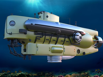 Yellow Submarine Underwater Exploration Vehicle In Deep Blue Ocean With Coral Reef 3d model