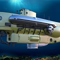 Yellow Submarine Underwater Exploration Vehicle In Deep Blue Ocean With Coral Reef