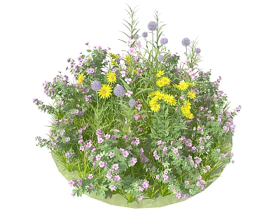 Vibrant Circular Garden With Mixed Flowers Yellow Purple Blooms And Green Leaves 3d model