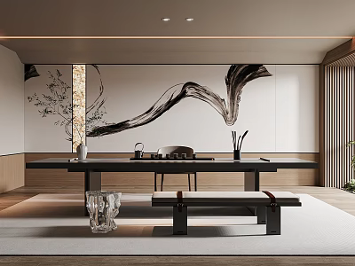 Traditional Japanese Tea Room Interior With Wooden Table Ink Painting And Benches 3d model