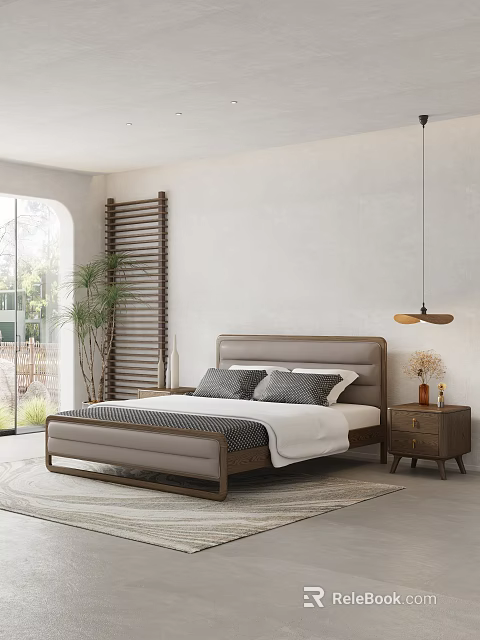 Modern Bedroom Interior With Upholstered Bed Slatted Screen Wooden Nightstand Green Plant And Pendant Light 3d model 