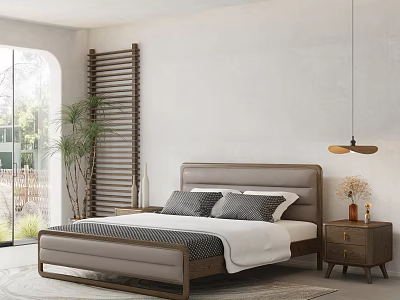 Modern Bedroom Interior With Upholstered Bed Slatted Screen Wooden Nightstand Green Plant And Pendant Light 3d model