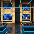 Elegant Modern KTV Interior With Blue LED Lighting Comfortable Sofa Bar Counter And Mirror Decor