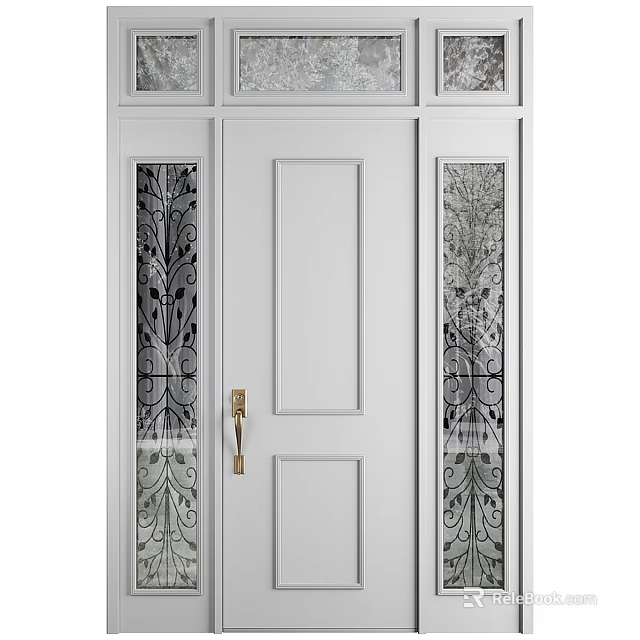 White Hinged Door With Etched Glass Panels And Brushed Gold Handle Modern Design 3d model 