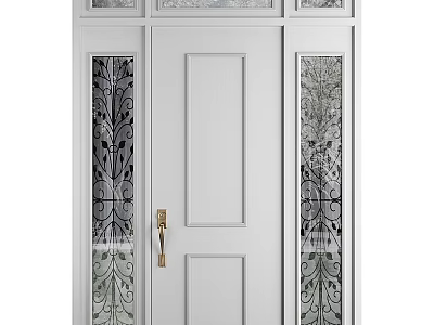 White Hinged Door With Etched Glass Panels And Brushed Gold Handle Modern Design 3d model