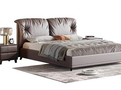 Modern Double Bed With Leather Headboard Nightstand Lamp And Area Rug 3d model