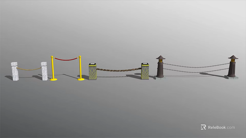 Different Types of Railings With Yellow Posts Stone Pillars And Chain Links 3d model 