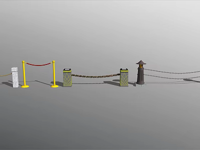 Different Types of Railings With Yellow Posts Stone Pillars And Chain Links 3d model