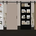 Modern Interior With Stylish Sliding Doors And Bookshelves Filled With Magazines And Plants