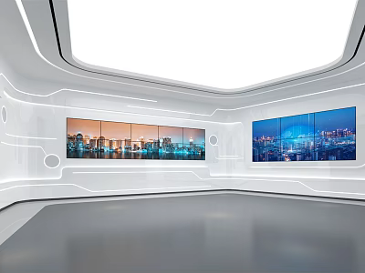 Hi Tech Exhibition Hall With Large LED Screens Modern Lighting And White Decor 3d model