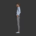 Man Dressed in Light Blue Plaid Shirt Gray Pants White Shoes Arms Outstretched on Gray Background