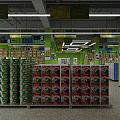 Spacious Supermarket Interior With Green Pillars And Shelves Filled With Various Products