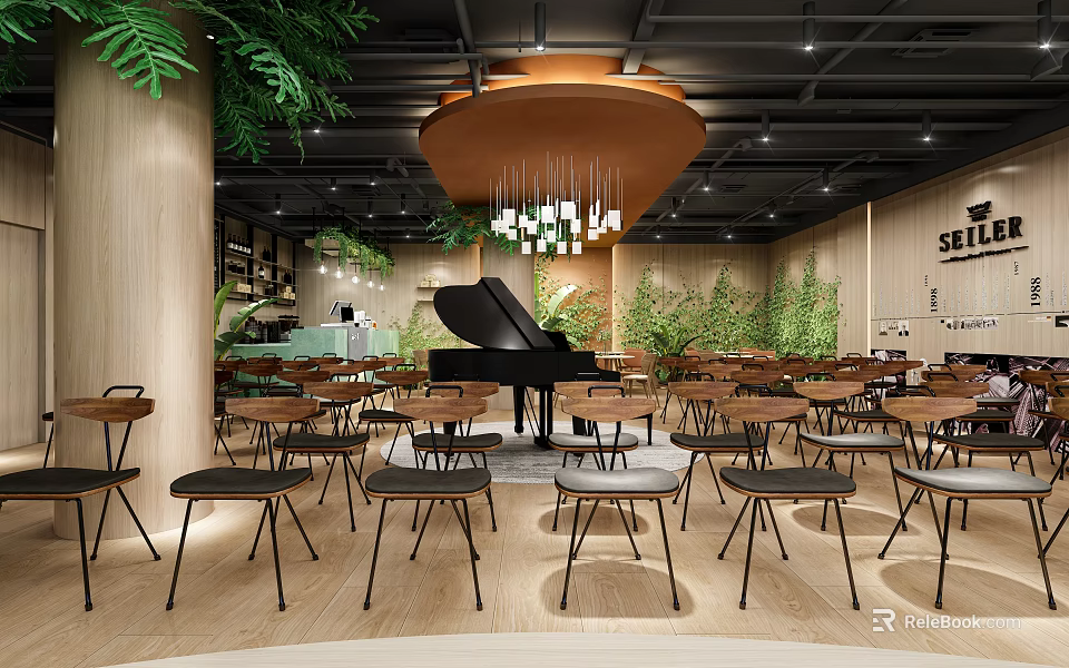 Modern Café Interior With Grand Piano And Green Plants 3d model 