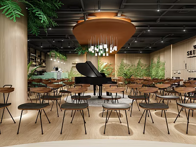 Modern Café Interior With Grand Piano And Green Plants 3d model