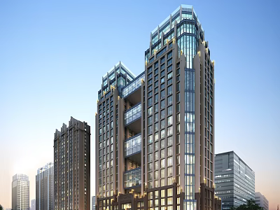 Modern Tall Office Building Featuring Glass Facade And Architectural Rooftop Design In Urban Setting 3d model