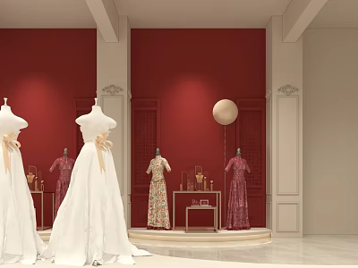 Elegant Bridal Shop Display With Red Walls White Pillars And Wedding Dress Mannequins 3d model
