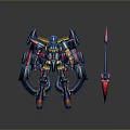 Futuristic Game Movie Character Vibrant Colored Mech Warrior With Red Spear And Mechanical Armor