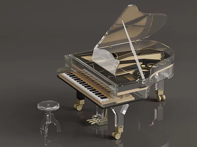 Elegant Piano Room Interior With Transparent Glass Piano And Golden Details 3d model
