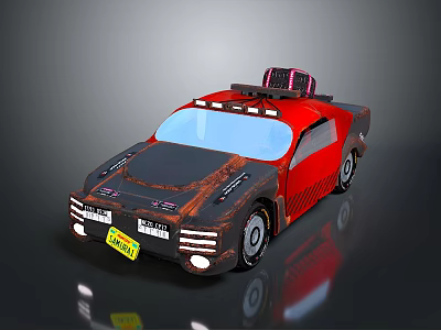 Red Vintage Car With Rusty Body Roof Mounted Device And License Plate 3d model