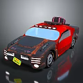 Red Vintage Car With Rusty Body Roof Mounted Device And License Plate
