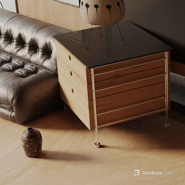 Modern Side Table With Wooden Drawers Black Top And Metal Legs By Leather Sofa 3d model 