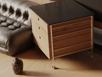 Modern Side Table With Wooden Drawers Black Top And Metal Legs By Leather Sofa 3d model