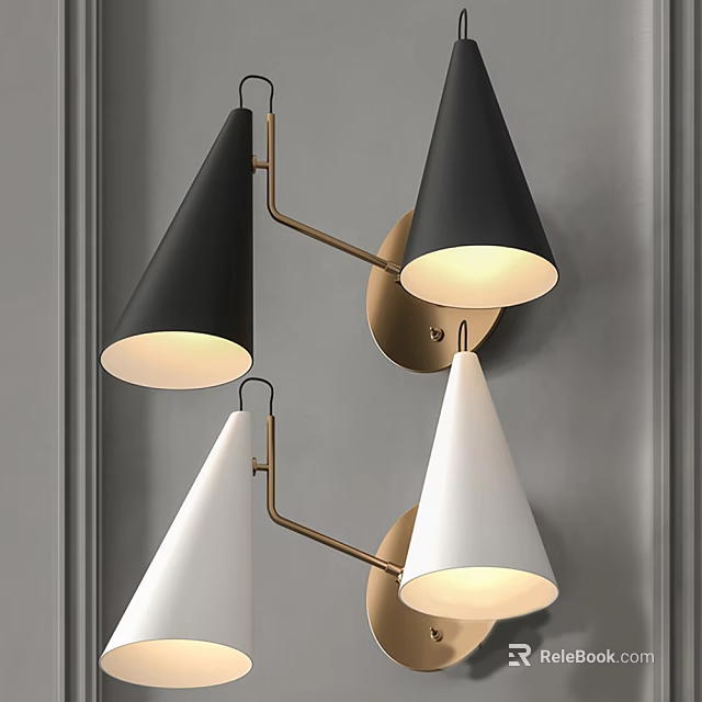 Modern Black and White Wall Lamps With Metal Brackets Illuminated On Gray Wall 3d model 