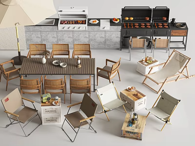 Outdoor Table And Chair Set With Grill Oven And Various Furniture Styles 3d model