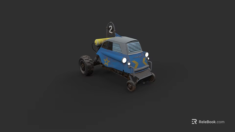 Blue Car With Star Pattern Large Wheels And Antenna Design Elements 3d model 