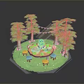 Animals Having Party In Forest With Round Table Cake Food And Chairs