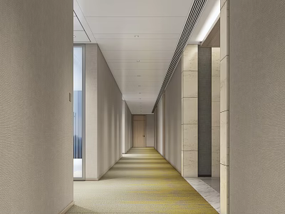Elevator Corridor Interior With Light Colored Walls Long Yellow Carpet And Ceiling Lighting 3d model