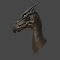 Game Fantasy Character Black Dragon Head With Glowing Eyes Horns And Scaly Texture