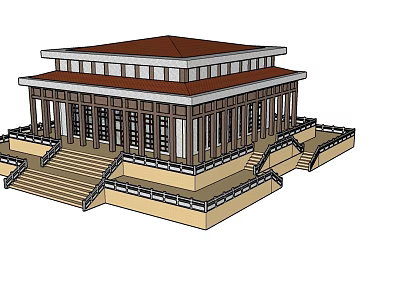 Two Story Classical Building With Stone Steps Wooden Columns And Brown Roof 3d model