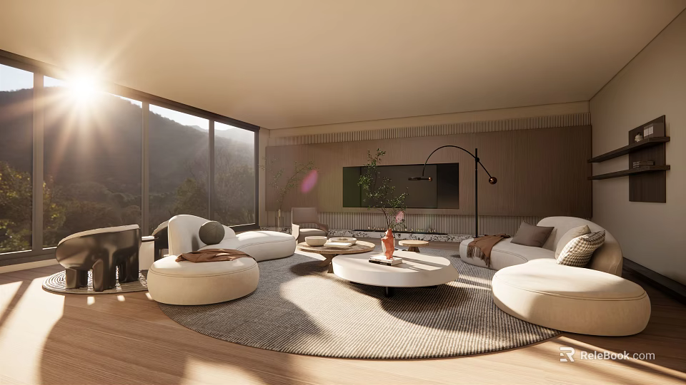 Modern Living Room Interior With Large Windows Sunlight White Sofas And Round Coffee Table 3d model 