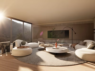 Modern Living Room Interior With Large Windows Sunlight White Sofas And Round Coffee Table 3d model