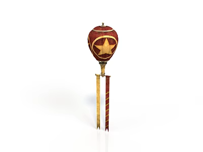 Ornate Red and Gold Weapon with Star Shaped Decoration and Long Tassel Accents 3d model