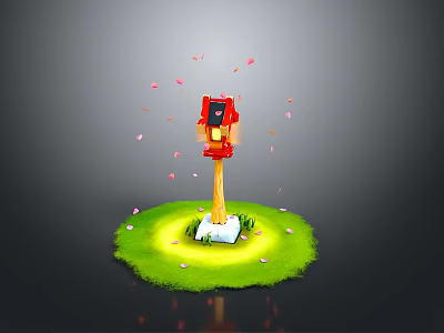 Sunlit Red Birdhouse On Wooden Pole With Green Grass And Falling Petals 3d model