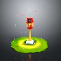 Sunlit Red Birdhouse On Wooden Pole With Green Grass And Falling Petals