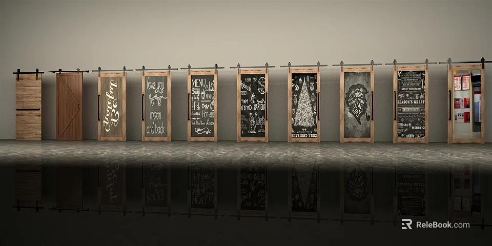 Stylish Wooden Barn Doors With Various Hand Painted Patterns On 3d model