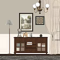 Classic Wooden Sideboard With Glass Doors Drawers Wall Art And Warm Interior Design