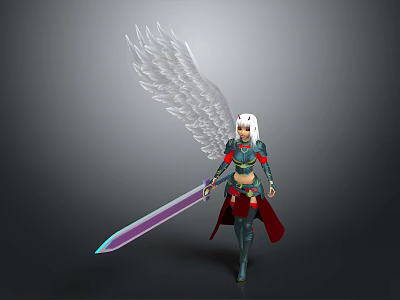 Fantasy Warrior Character With White Wings White Hair Armor Long Sword And Cape 3d model