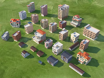 Various Small House Models With Different Designs Arranged On Green Grass 3d model