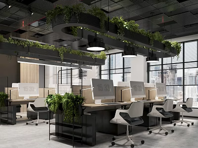 Modern Public Office Space With Open Layout Workstations Ergonomic Chairs Large Windows And City View 3d model