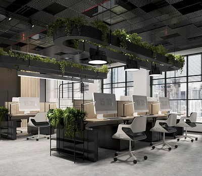 Modern Public Office Space With Open Layout Workstations Ergonomic Chairs Large Windows And City View 3d model