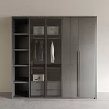 Modern Gray Wardrobe Design With Open Shelves Hanging Rod Drawers And Storage Box